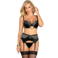 SUBBLIME - SET OF 3 PIECES BRA + THONG + LACE GARTER BLACK
