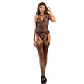 SUBBLIME - 952136 FISHNET CROTCHLESS BODYSTOCKING WITH FLORAL DETAILS AND BLACK HALTER NECK
