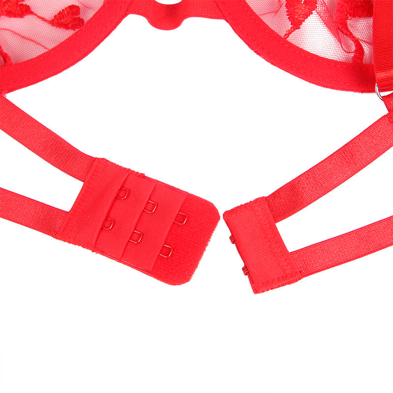 SUBBLIME - 954338 HEART PRINT BRA + THONG + GARTER BELT RED L/XL