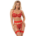 SUBBLIME - 954338 HEART PRINT BRA + THONG + GARTER BELT RED
