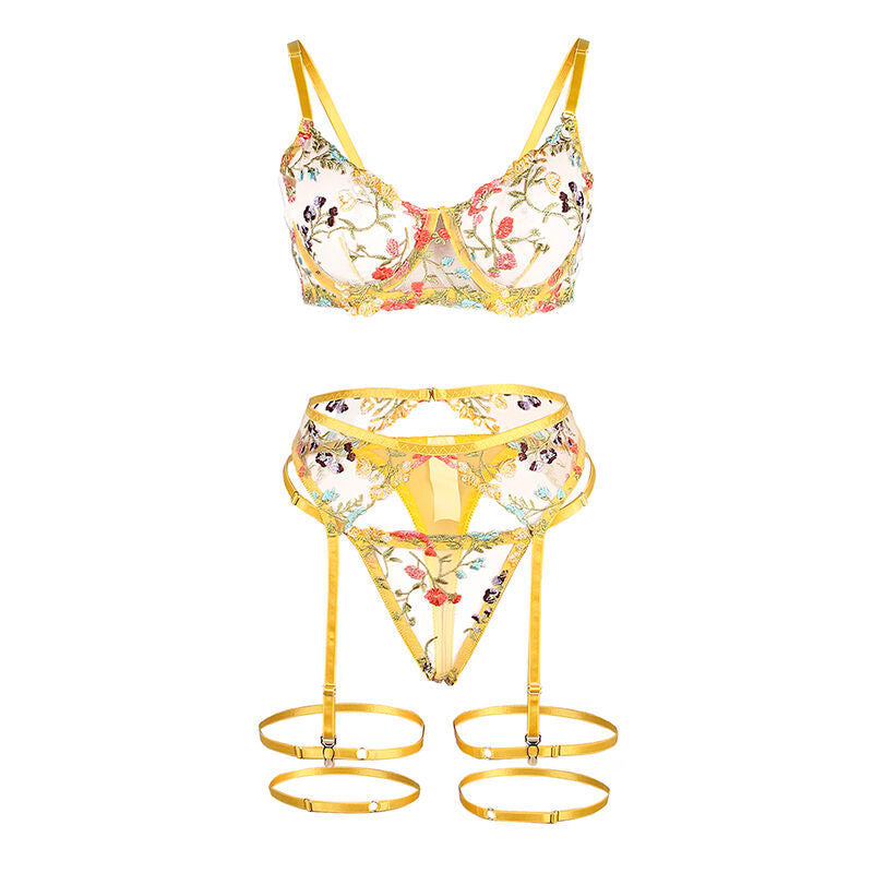 SUBBLIME - 954352 BRA + THONG + GARTER BELT FLORAL DESIGN YELLOW