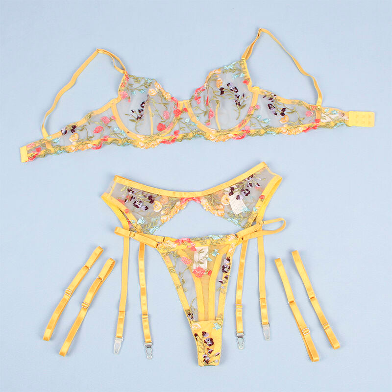 SUBBLIME - 954352 BRA + THONG + GARTER BELT FLORAL DESIGN YELLOW
