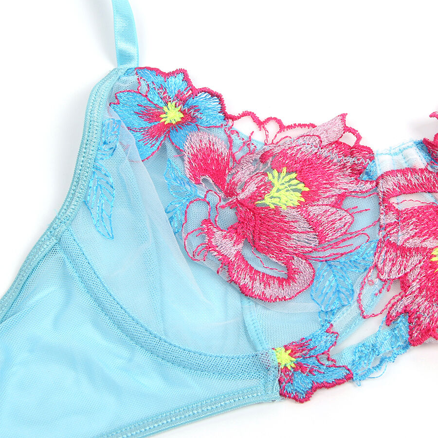 SUBBLIME - 957643 FLOWER EMBROIDERED BRA AND GARTER BELT SET PINK S/M
