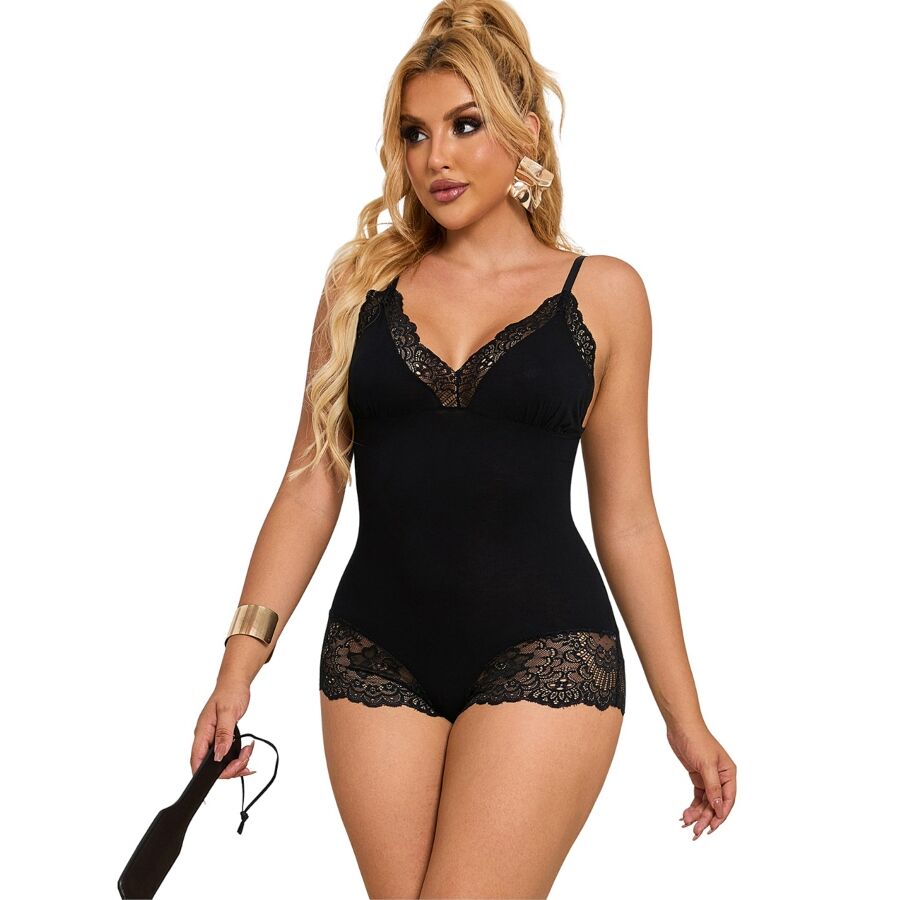 SUBBLIME - BLACK FLORAL LACE DETAIL TEDDY S/M