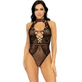 LEG AVENUE - NET AND LACE KEYHOLE HALTER BODYSUIT