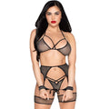 LEG AVENUE - 89362 TOP + THONG+ GARTER BELT + HANDCUFFS SET BLACK